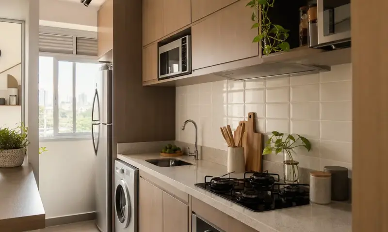 Bancada de cozinha pequena funcional em apartamento compacto com armários claros, banquetas e decoração simples