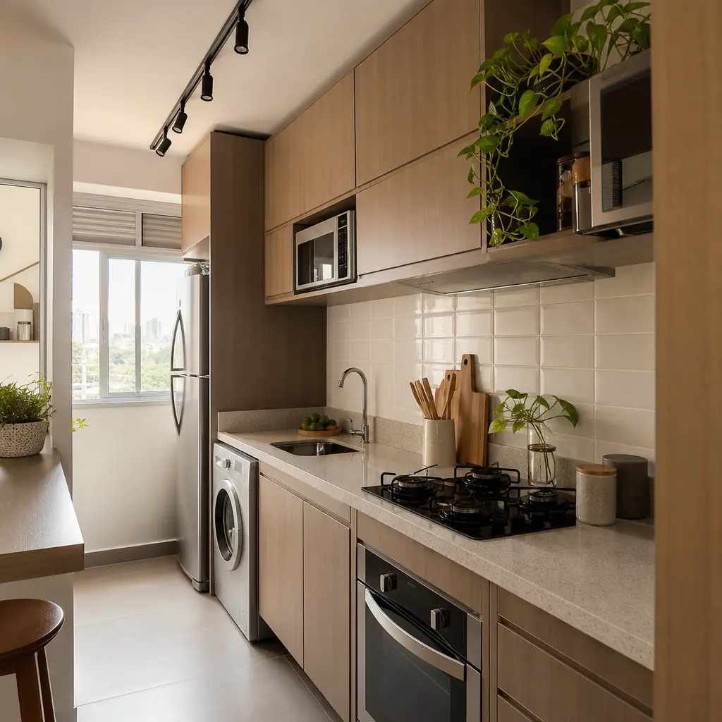 Bancada de cozinha pequena funcional em apartamento compacto com armários claros, banquetas e decoração simples
