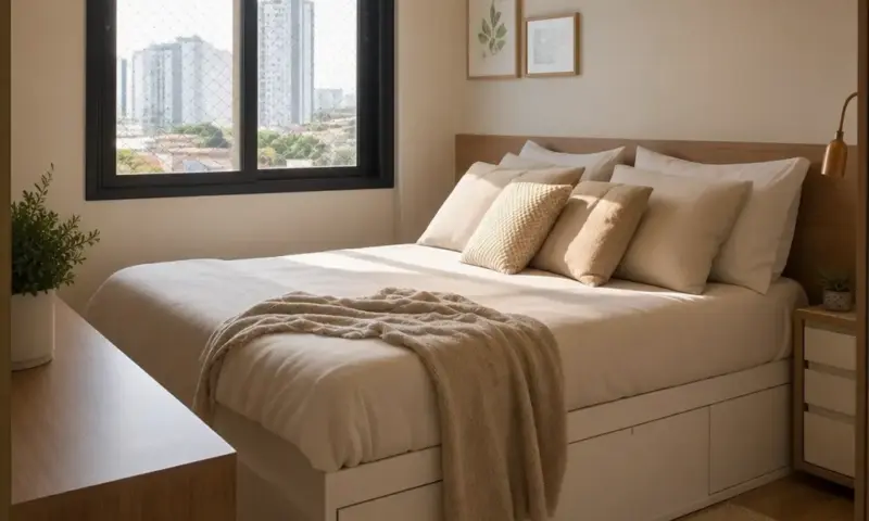 cama para quarto pequeno com gavetas, decoração clara e circulação funcional