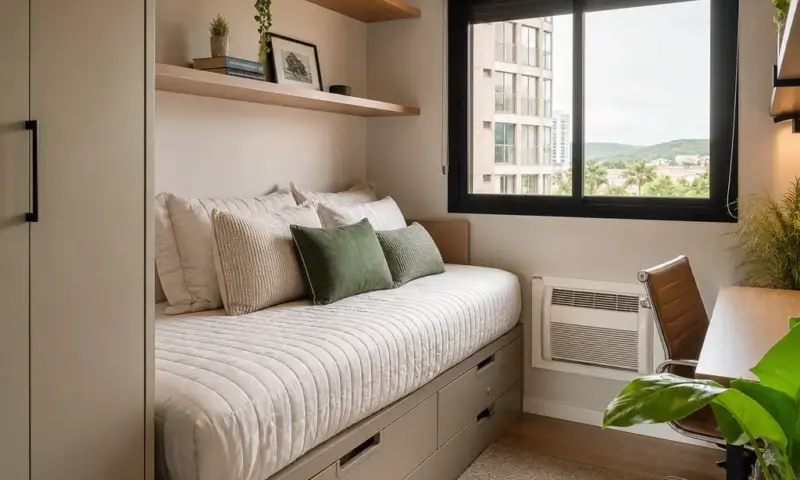 como decorar quarto pequeno com cama funcional, cores claras e organização inteligente