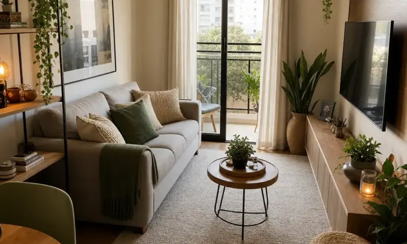 Como decorar sala pequena com sofá claro, tapete neutro, prateleiras e decoração funcional