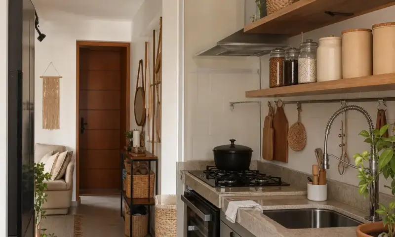 Como organizar cozinha pequena com prateleiras, potes transparentes e bancada livre em apartamento pequeno
