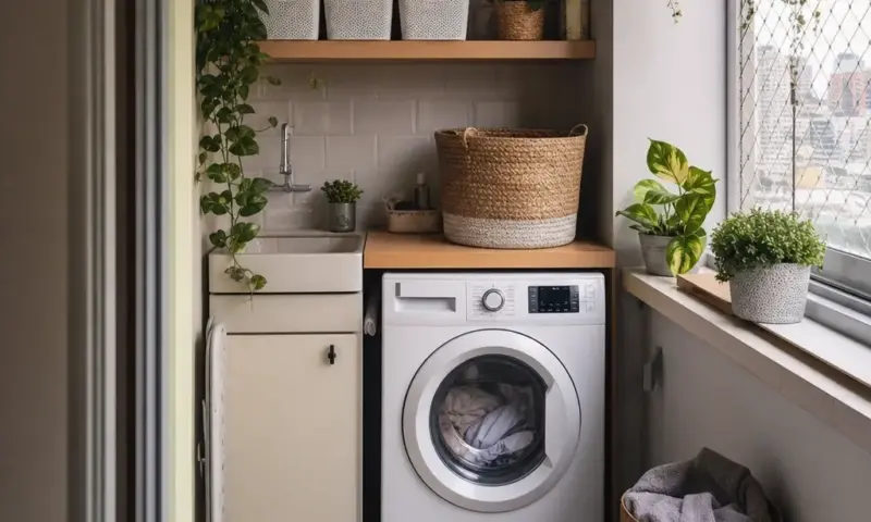 como organizar lavanderia pequena com prateleiras, cestos e decoração funcional em apartamento pequeno