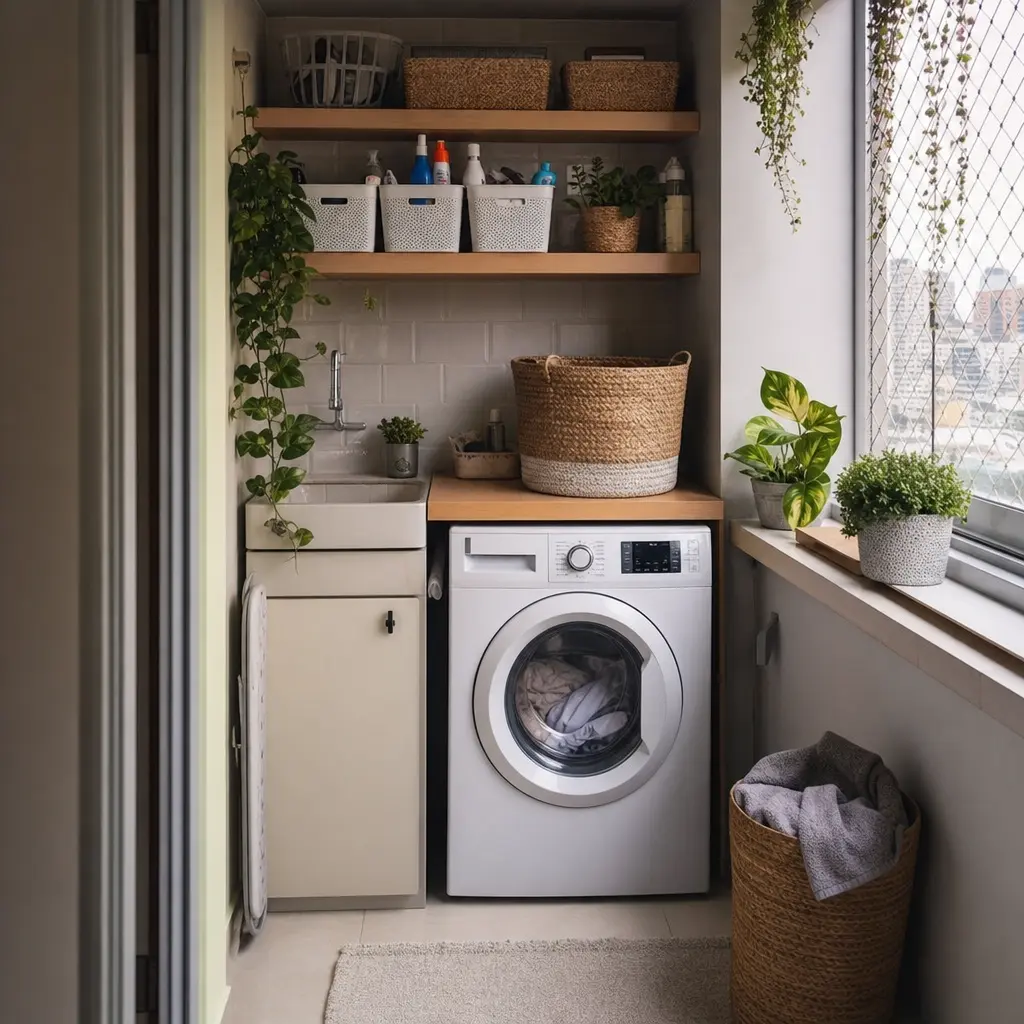 como organizar lavanderia pequena com prateleiras, cestos e decoração funcional em apartamento pequeno