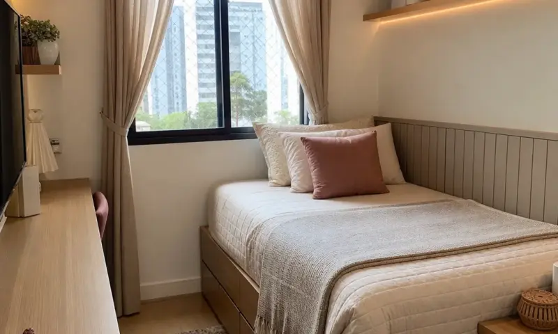 como organizar quarto pequeno com cama funcional, armário compacto e prateleiras em decoração aconchegante