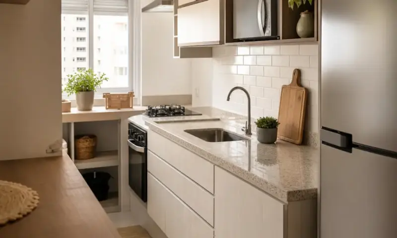 Cozinha pequena planejada com armários claros, bancada funcional e boa organização em apartamento pequeno