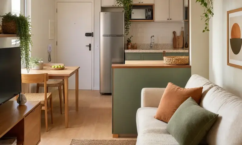 Organização da casa pequena com móveis funcionais, prateleiras e cestos em apartamento compacto