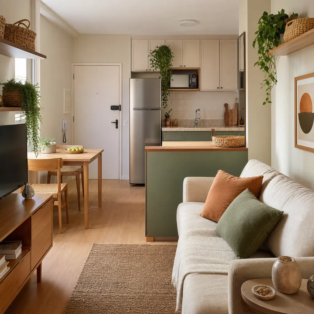 Organização da casa pequena com móveis funcionais, prateleiras e cestos em apartamento compacto