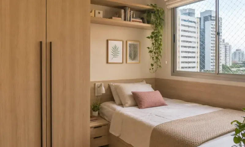 Quarto pequeno com guarda-roupa planejado claro, cama compacta e decoração funcional
