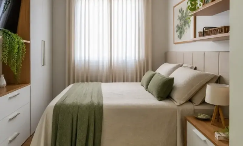 quarto pequeno de casal decorado com cama encostada na parede, tons claros, prateleiras e soluções de organização