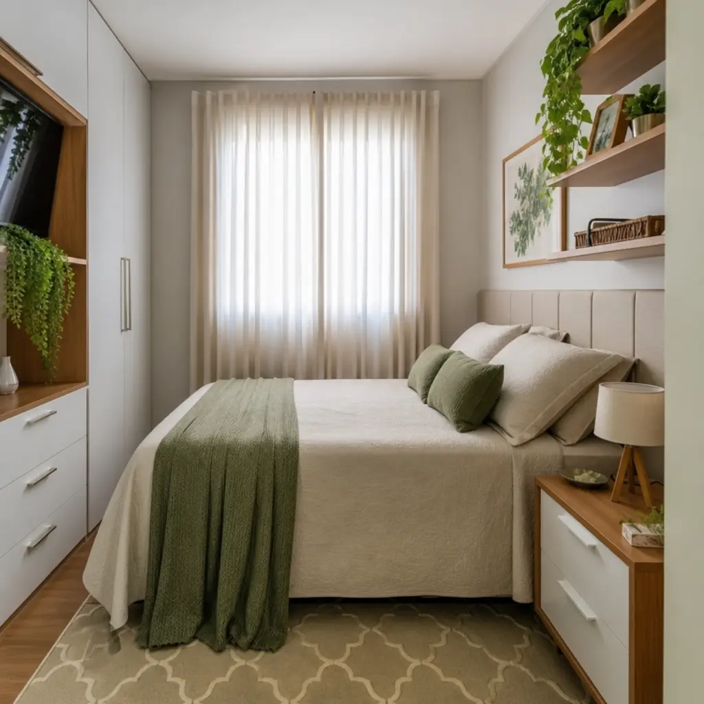 quarto pequeno de casal decorado com cama encostada na parede, tons claros, prateleiras e soluções de organização