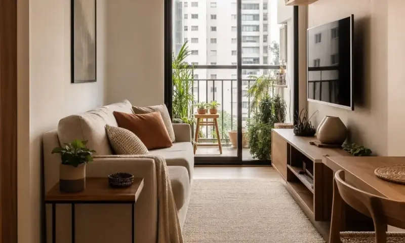 Sala pequena com sofá claro, mesa lateral compacta, tapete neutro e decoração funcional em apartamento pequeno